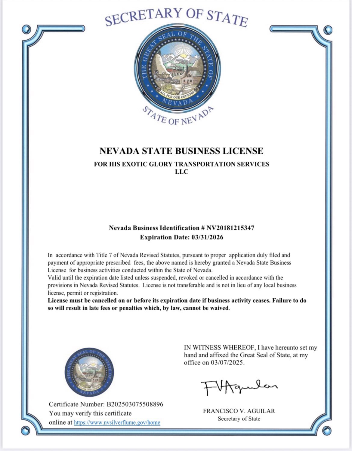 Nevada State Business License